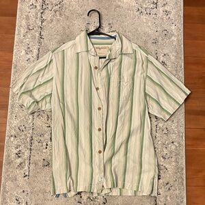 Tommy Bahama White and Green Striped  Hawaiian Tiki Shirt, Wood Buttons